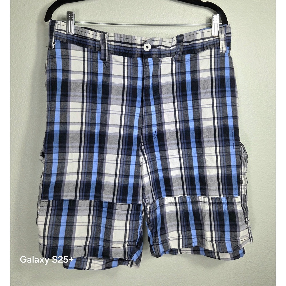Foundry Supply Co Mens Plaid Cargo Shorts Blue Black White Size 50 Stretch